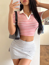 Women 4th Of July Rainbow Striped Slim Fit Crop Polo Collar Short Sleeve T-Shirt